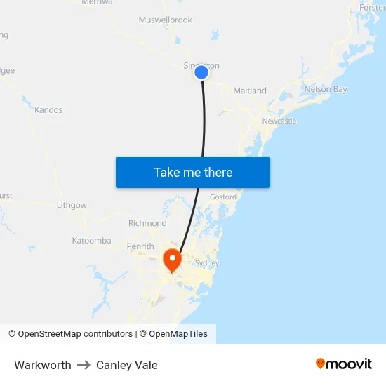 Warkworth to Canley Vale map