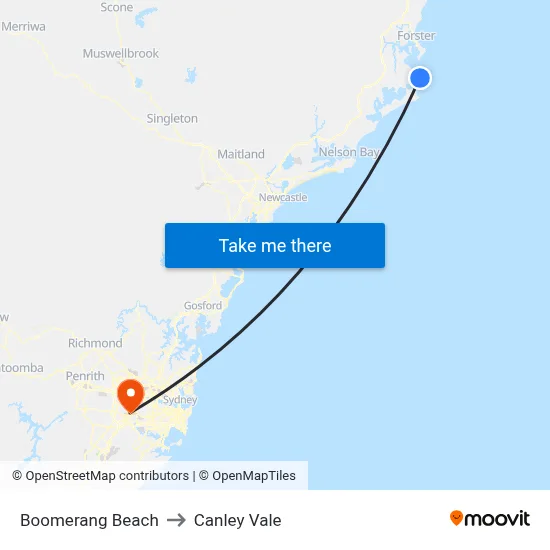 Boomerang Beach to Canley Vale map