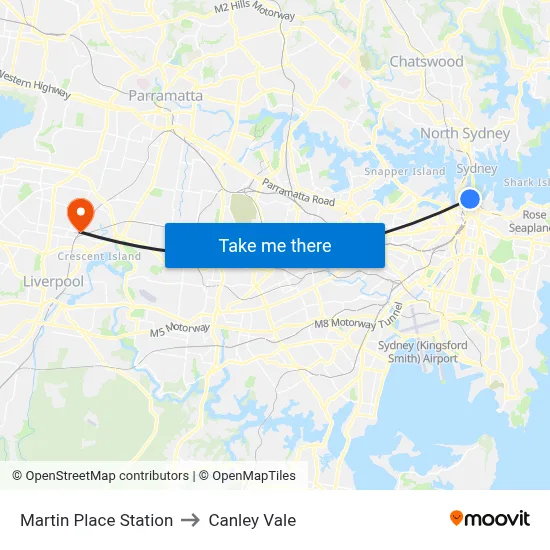 Martin Place Station to Canley Vale map