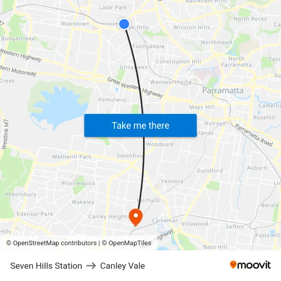 Seven Hills Station to Canley Vale map