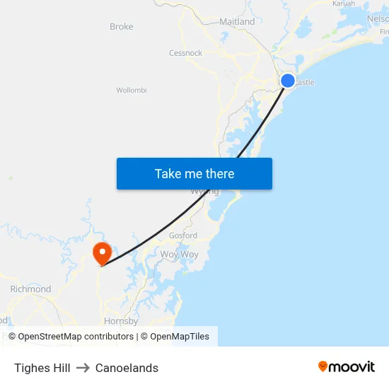 Tighes Hill to Canoelands map
