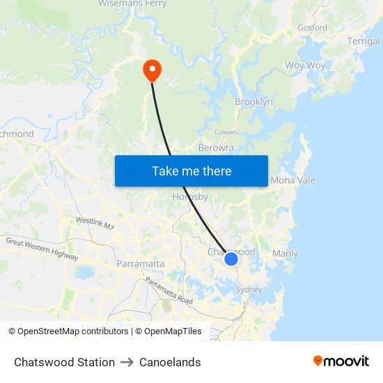 Chatswood Station to Canoelands map