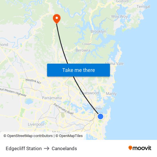 Edgecliff Station to Canoelands map