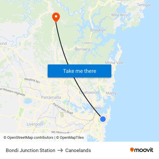 Bondi Junction Station to Canoelands map