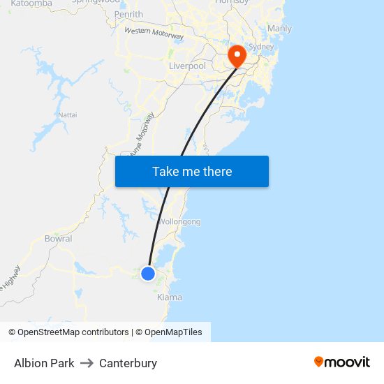 Albion Park to Canterbury map