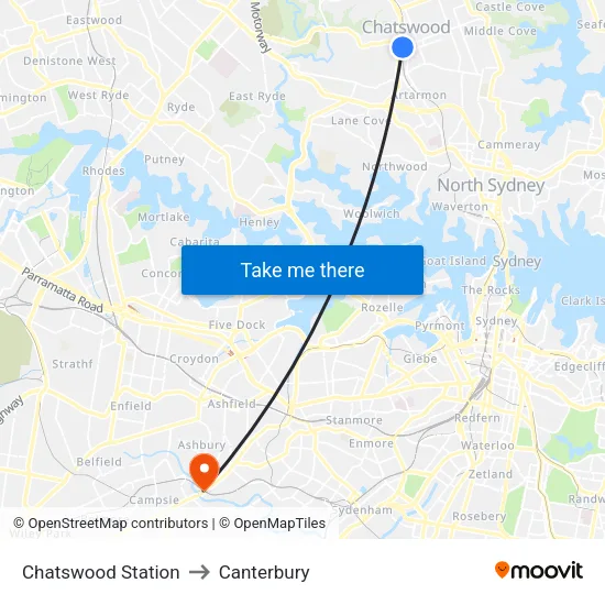 Chatswood Station to Canterbury map