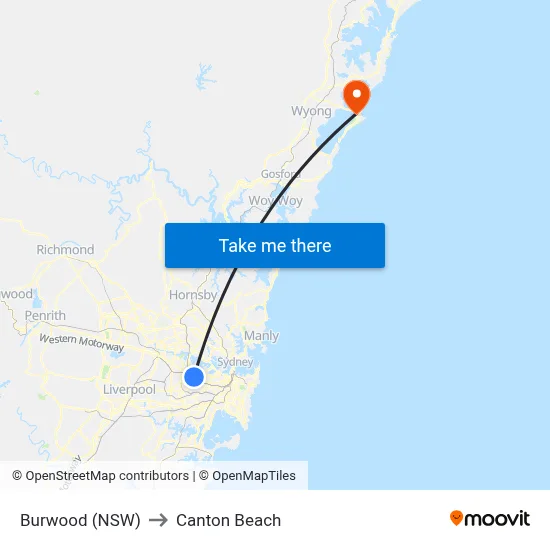 Burwood (NSW) to Canton Beach map