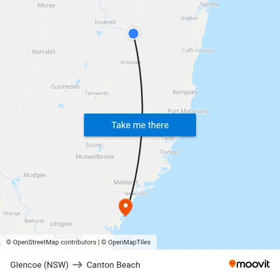 Glencoe (NSW) to Canton Beach map