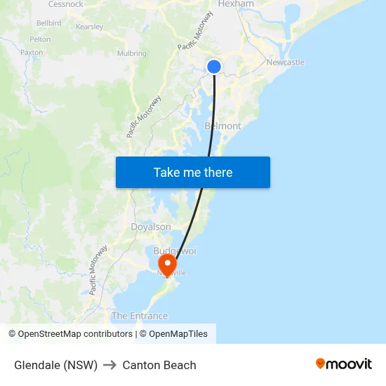 Glendale (NSW) to Canton Beach map
