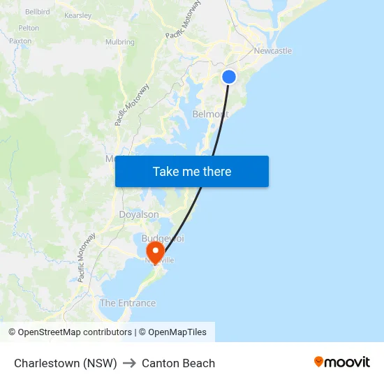 Charlestown (NSW) to Canton Beach map