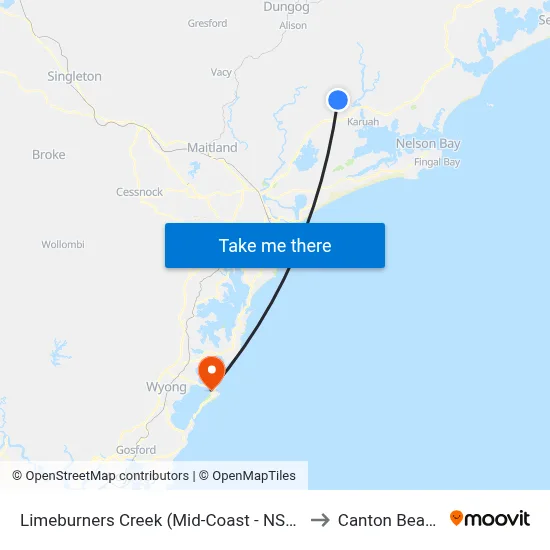 Limeburners Creek (Mid-Coast - NSW) to Canton Beach map