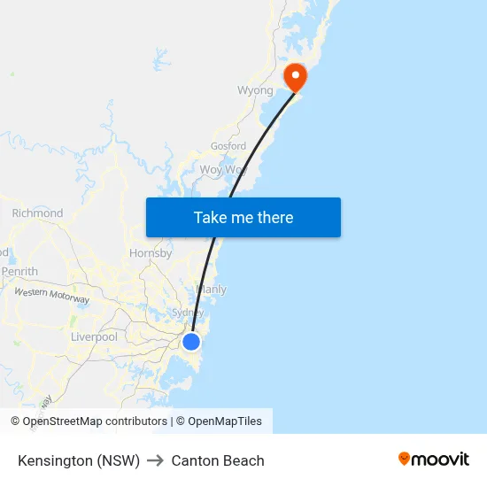 Kensington (NSW) to Canton Beach map