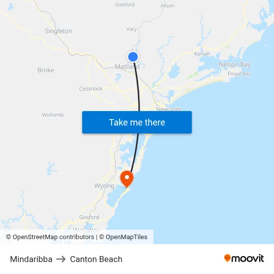 Mindaribba to Canton Beach map