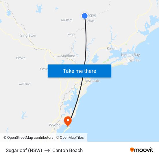 Sugarloaf (NSW) to Canton Beach map