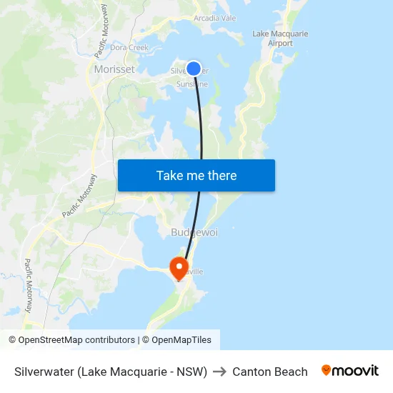 Silverwater (Lake Macquarie - NSW) to Canton Beach map