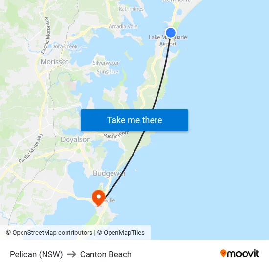 Pelican (NSW) to Canton Beach map