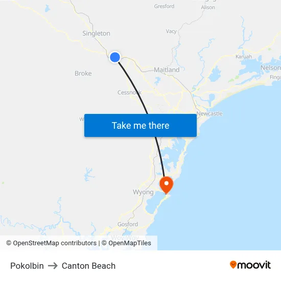 Pokolbin to Canton Beach map
