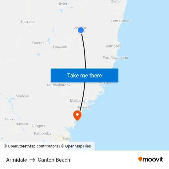 Armidale to Canton Beach map