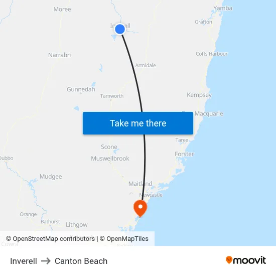 Inverell to Canton Beach map