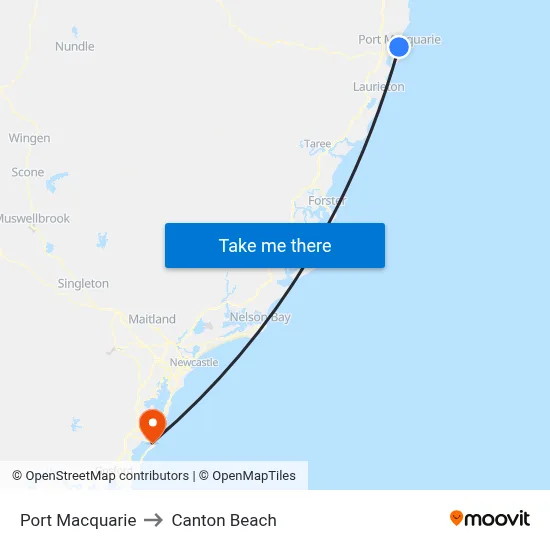 Port Macquarie to Canton Beach map