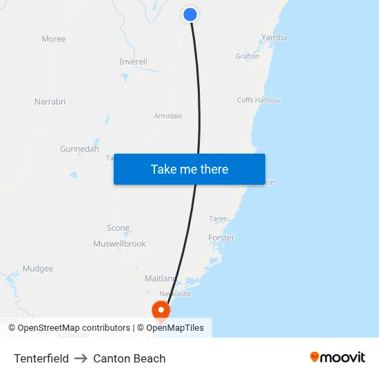 Tenterfield to Canton Beach map