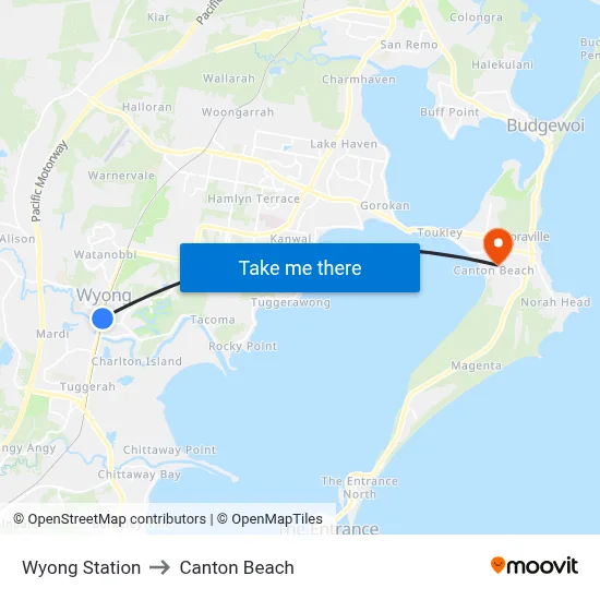 Wyong Station to Canton Beach map