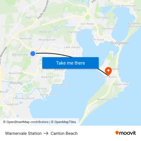 Warnervale Station to Canton Beach map