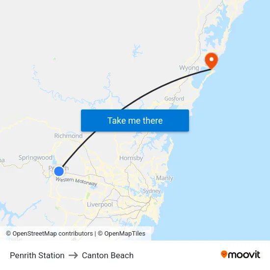 Penrith Station to Canton Beach map