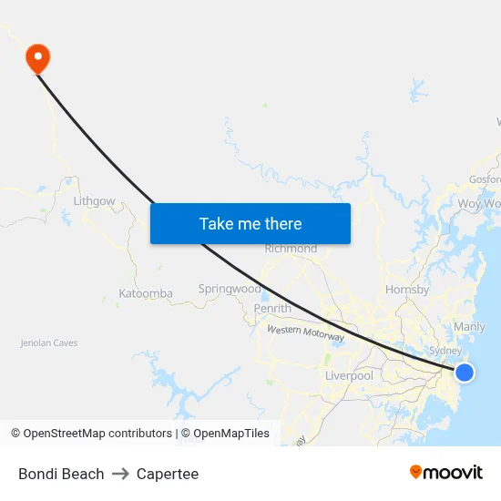 Bondi Beach to Capertee map