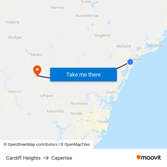 Cardiff Heights to Capertee map