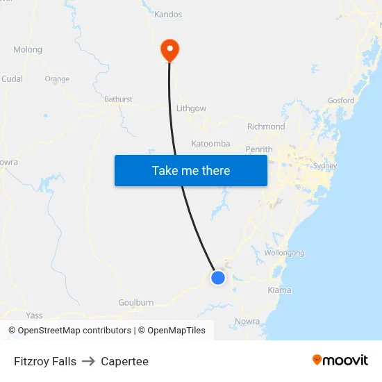 Fitzroy Falls to Capertee map