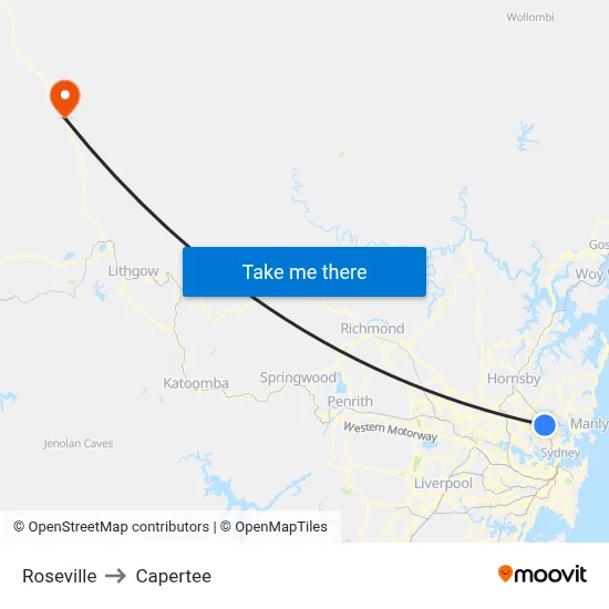 Roseville to Capertee map