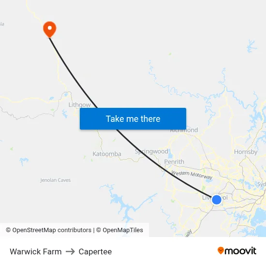 Warwick Farm to Capertee map