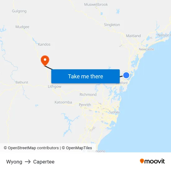 Wyong to Capertee map