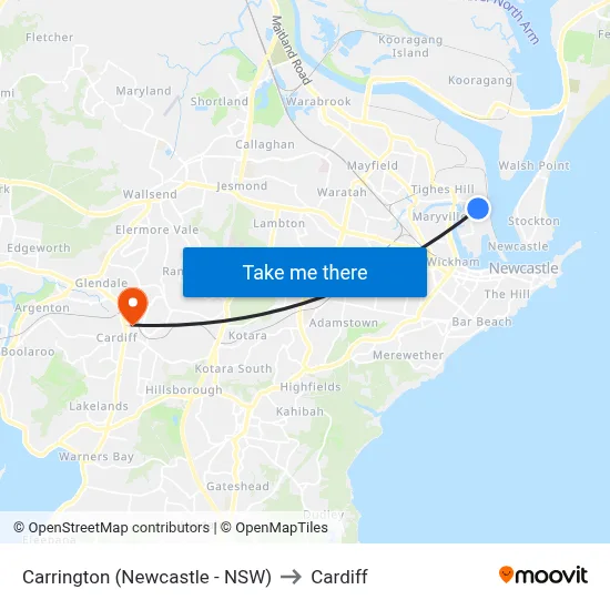Carrington (Newcastle - NSW) to Cardiff map