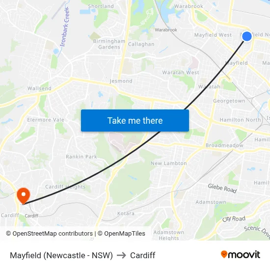 Mayfield (Newcastle - NSW) to Cardiff map