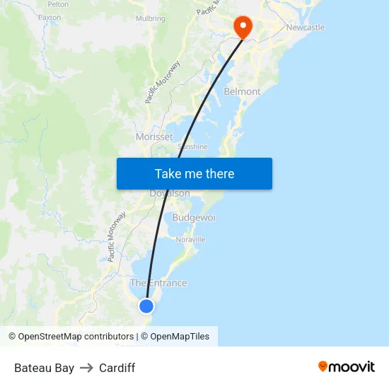 Bateau Bay to Cardiff map