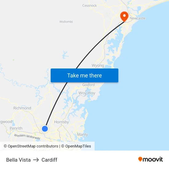 Bella Vista to Cardiff map