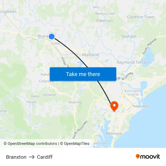 Branxton to Cardiff map
