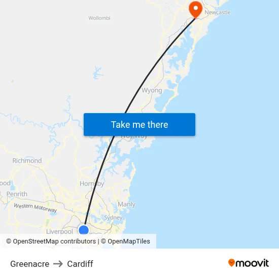 Greenacre to Cardiff map