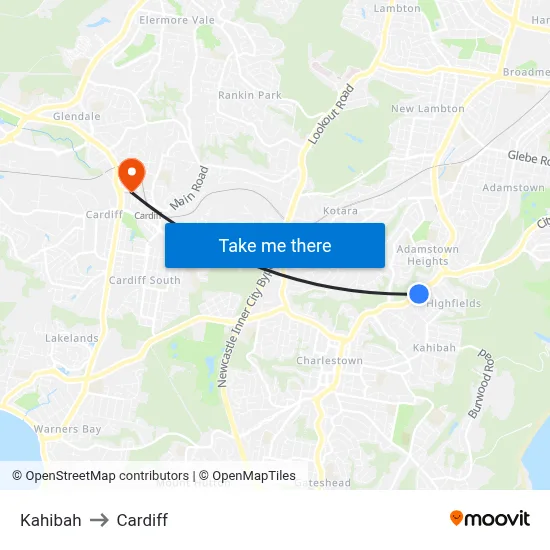 Kahibah to Cardiff map