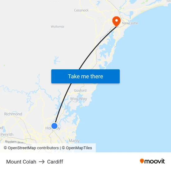 Mount Colah to Cardiff map