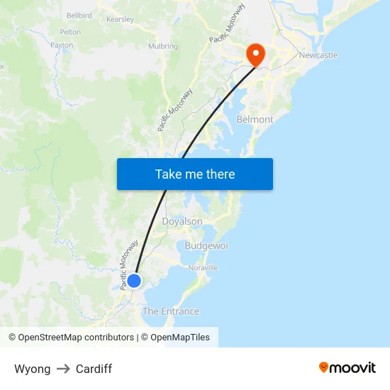 Wyong to Cardiff map