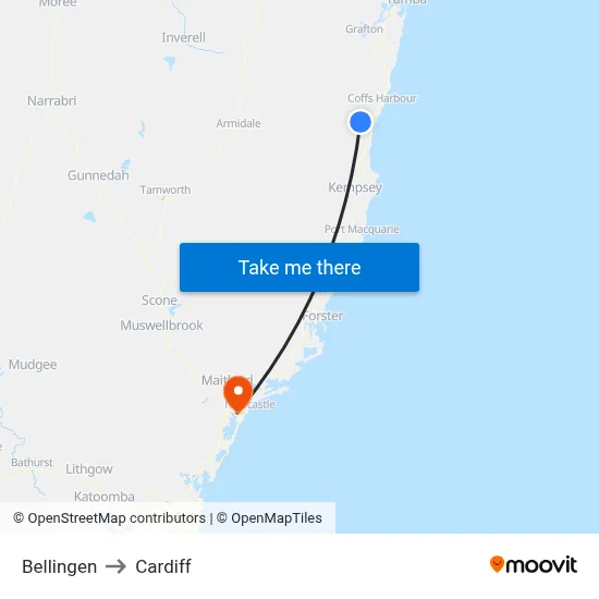 Bellingen to Cardiff map