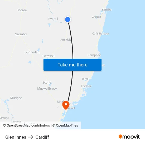 Glen Innes to Cardiff map
