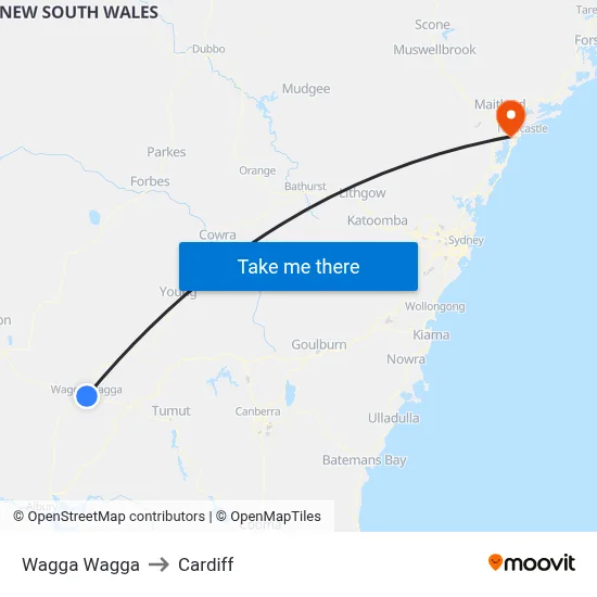Wagga Wagga to Cardiff map