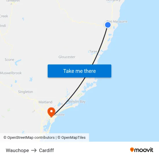 Wauchope to Cardiff map