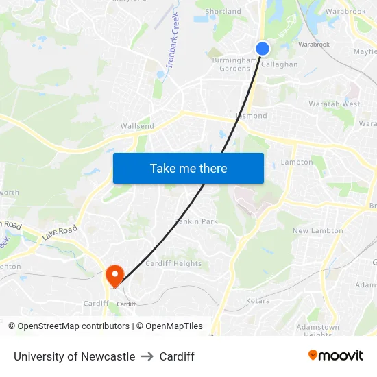 University of Newcastle to Cardiff map