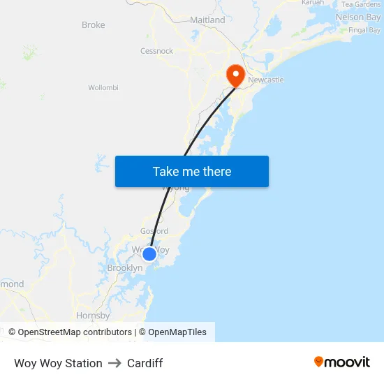 Woy Woy Station to Cardiff map