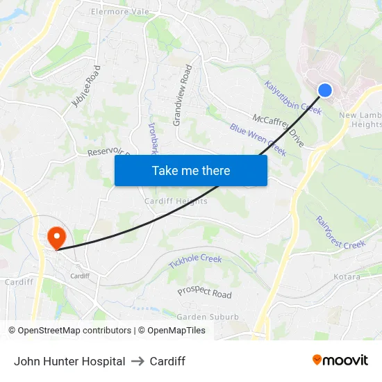 John Hunter Hospital to Cardiff map